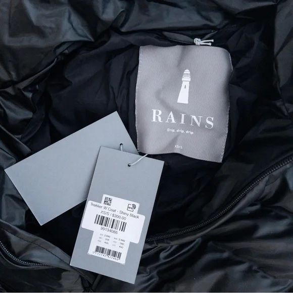 NWT RAINS Trekker W Coat XS/S Shiny Black Insulated Belted Waterproof Long - Picture 4 of 13